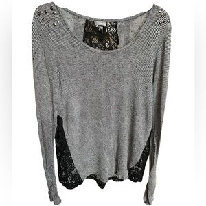 Vanity Black and White Striped Long Sleeve Knit with Lace Inset.  NWOT M